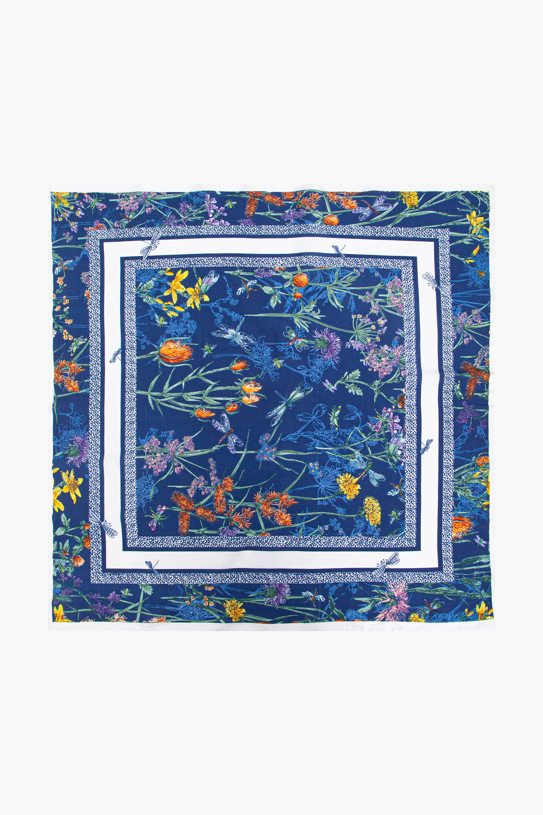 Dainty-Floral-Faux-Silk-Square-Scarf-in-Navy-Blue-Lying-Flat