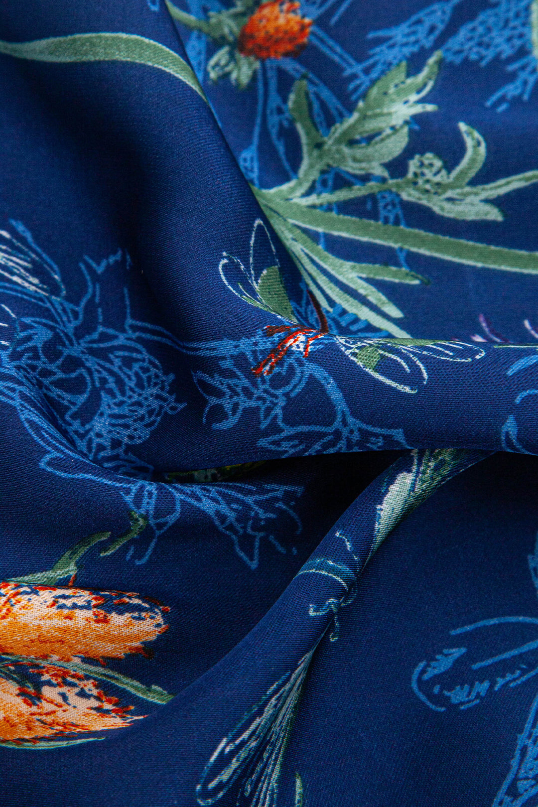 Dainty-Floral-Faux-Silk-Square-Scarf-in-Navy-Blue-Closeup