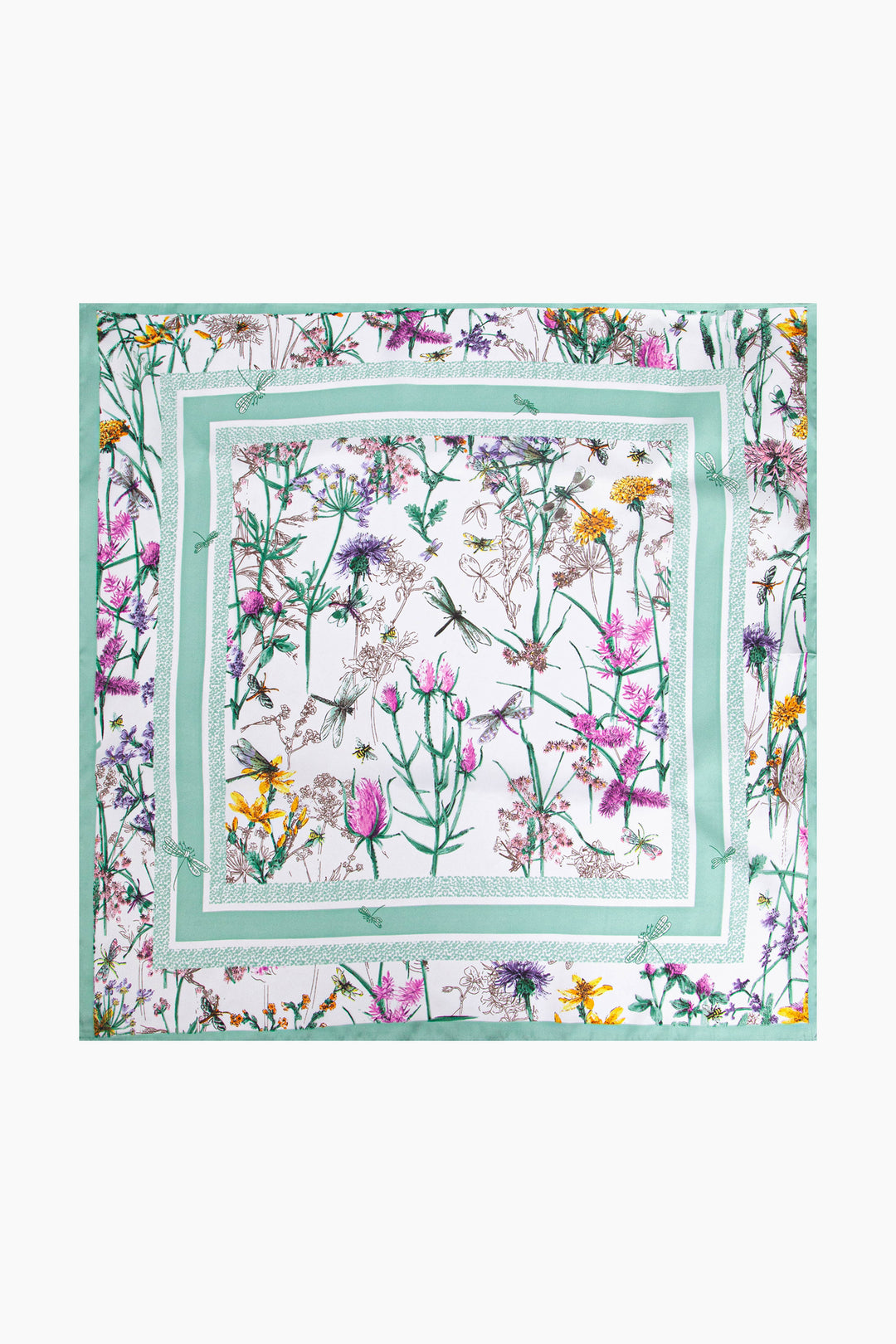 Dainty-Floral-Faux-Silk-Square-Scarf-in-White/Mint-Lying-Flat