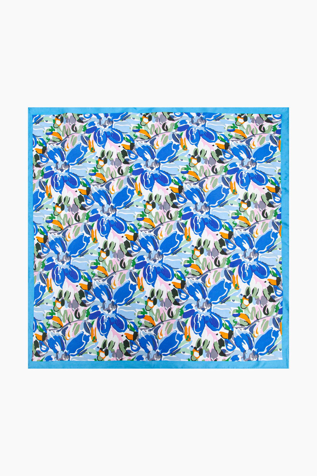 Painted-Floral-Faux-Silk-Square-Scarf-in-Blue-Lying-Flat