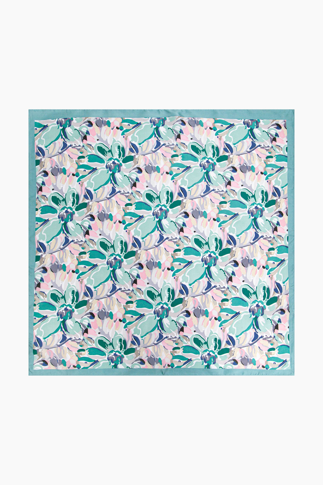 Painted-Floral-Faux-Silk-Square-Scarf-in-Cream/Mint-Lying-Flat