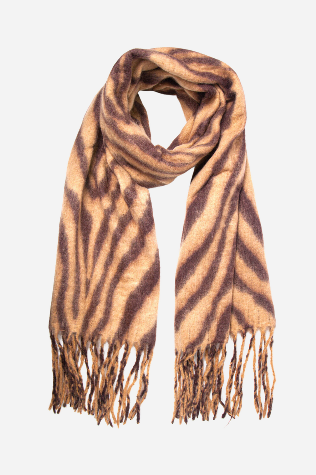 camel beige tiger stripe winter scarf with a striped tassel fringe