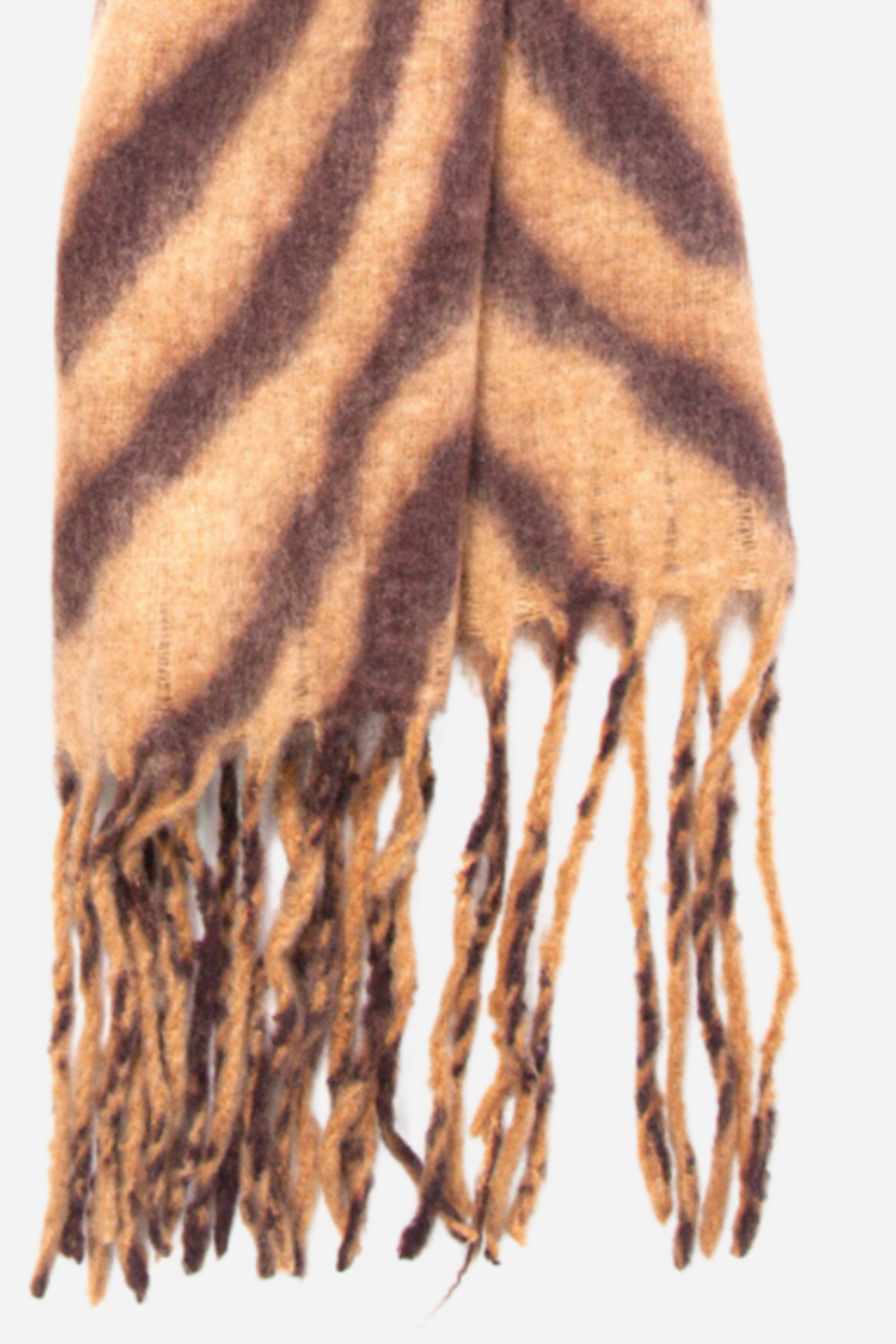 close up of the soft knitted warm material of the scarf and of the tassel trim