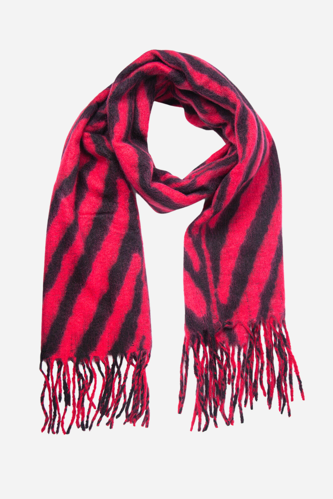 fuchsia pink and black tiger stripe winter scarf with a striped tassel fringe