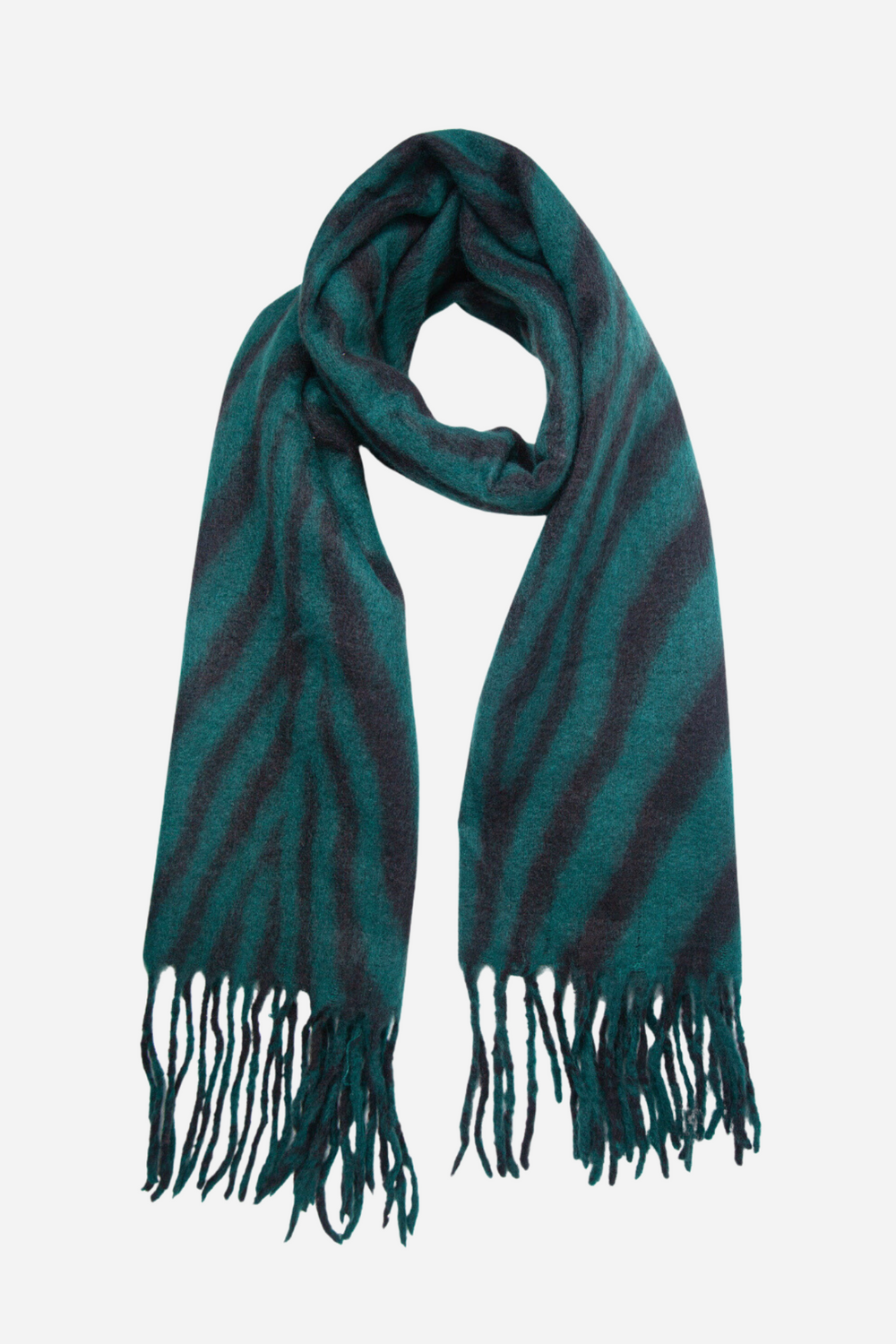 forest green and black tiger stripe winter scarf with a striped tassel fringe