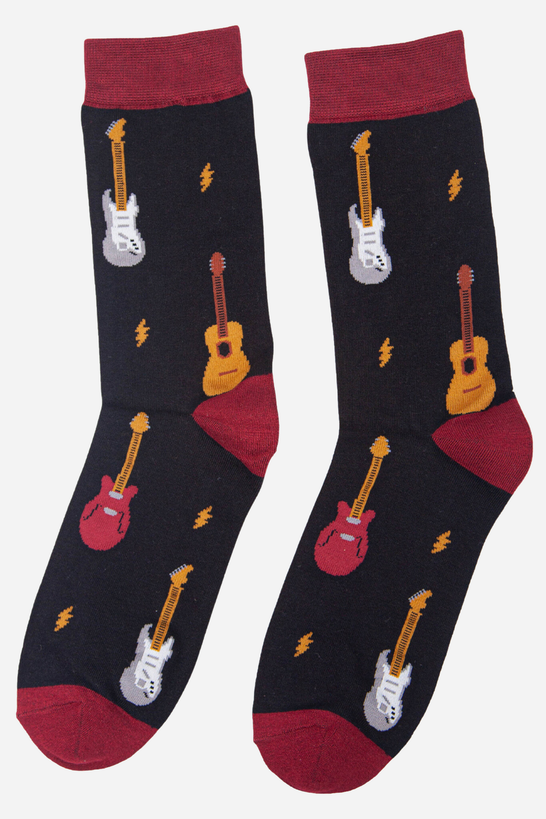 mens black and red guitar print music socks