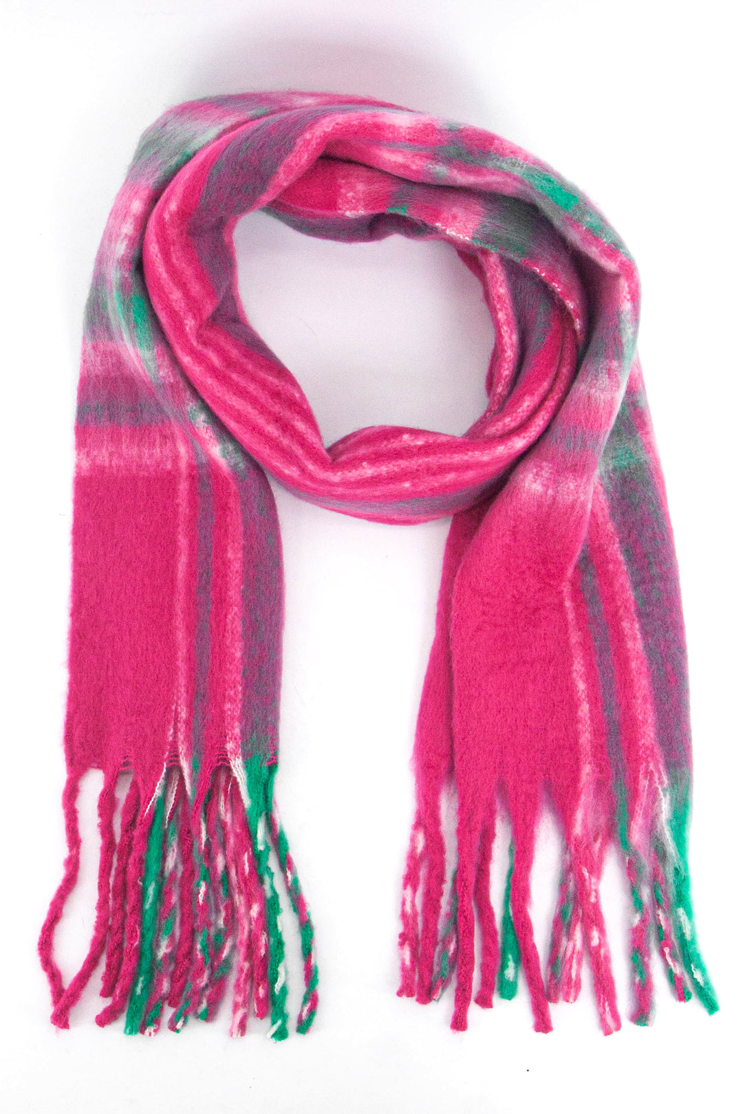 fuchsia pink and green plaid pattern winter scarf with tassels