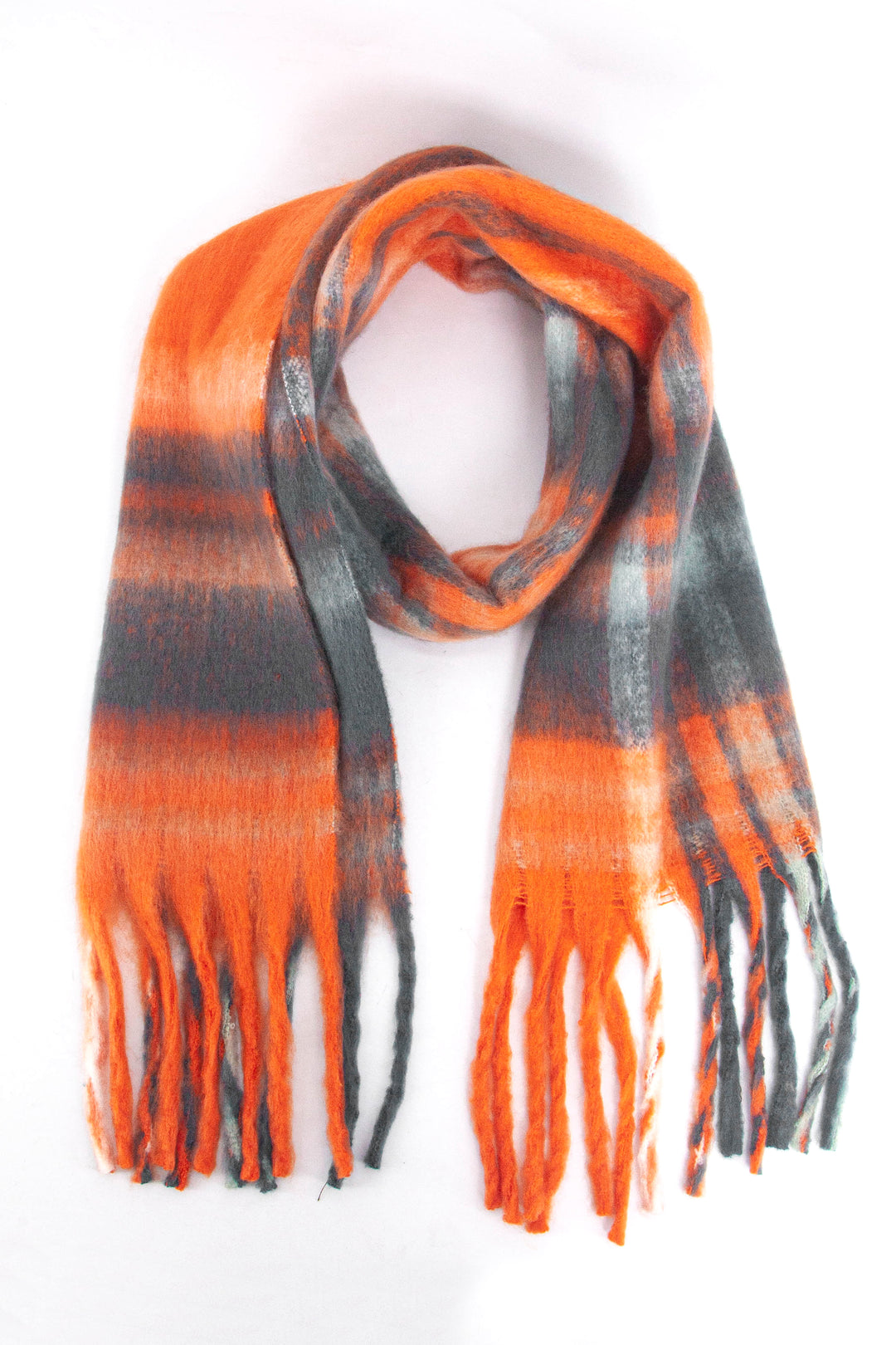 Orange and grey plaid pattern winter scarf with tassels