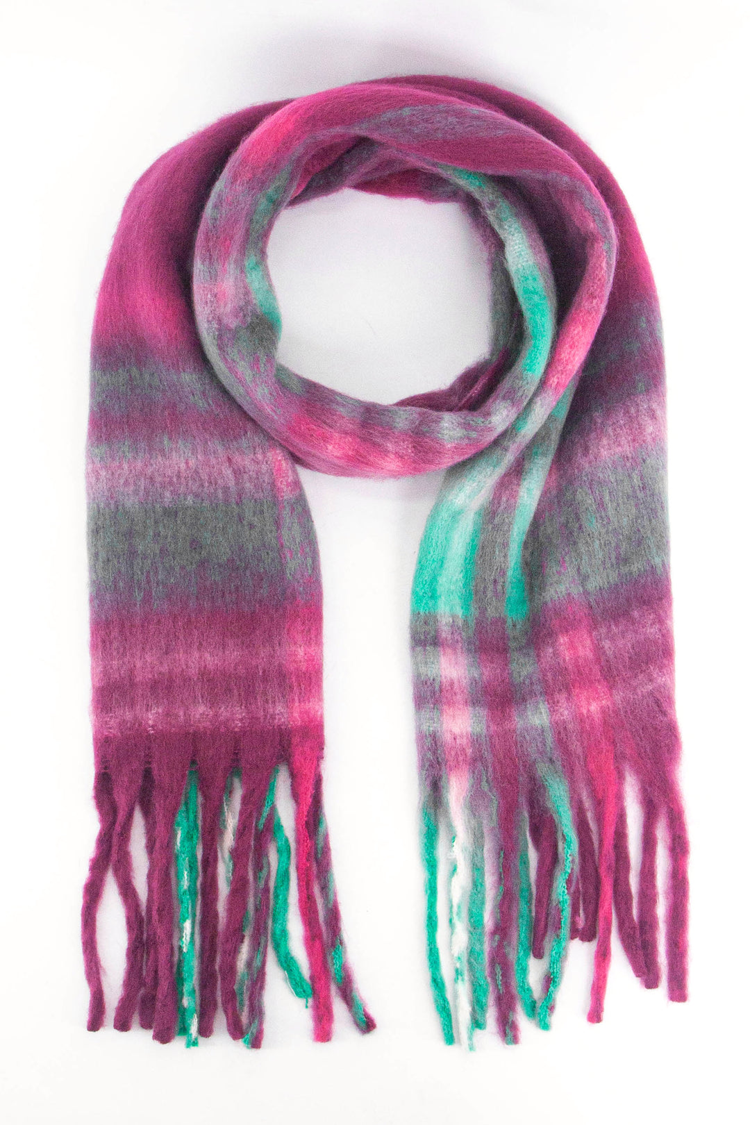 pink and green plaid pattern winter scarf with tassels