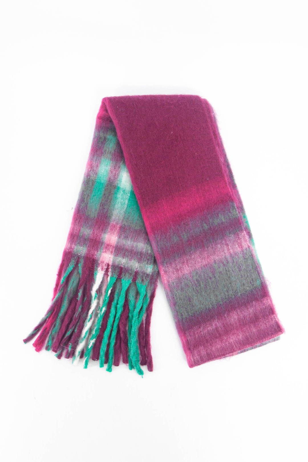 pink and green traditional check scarf folded, showing clearly the tasselled fringe and small check pattern