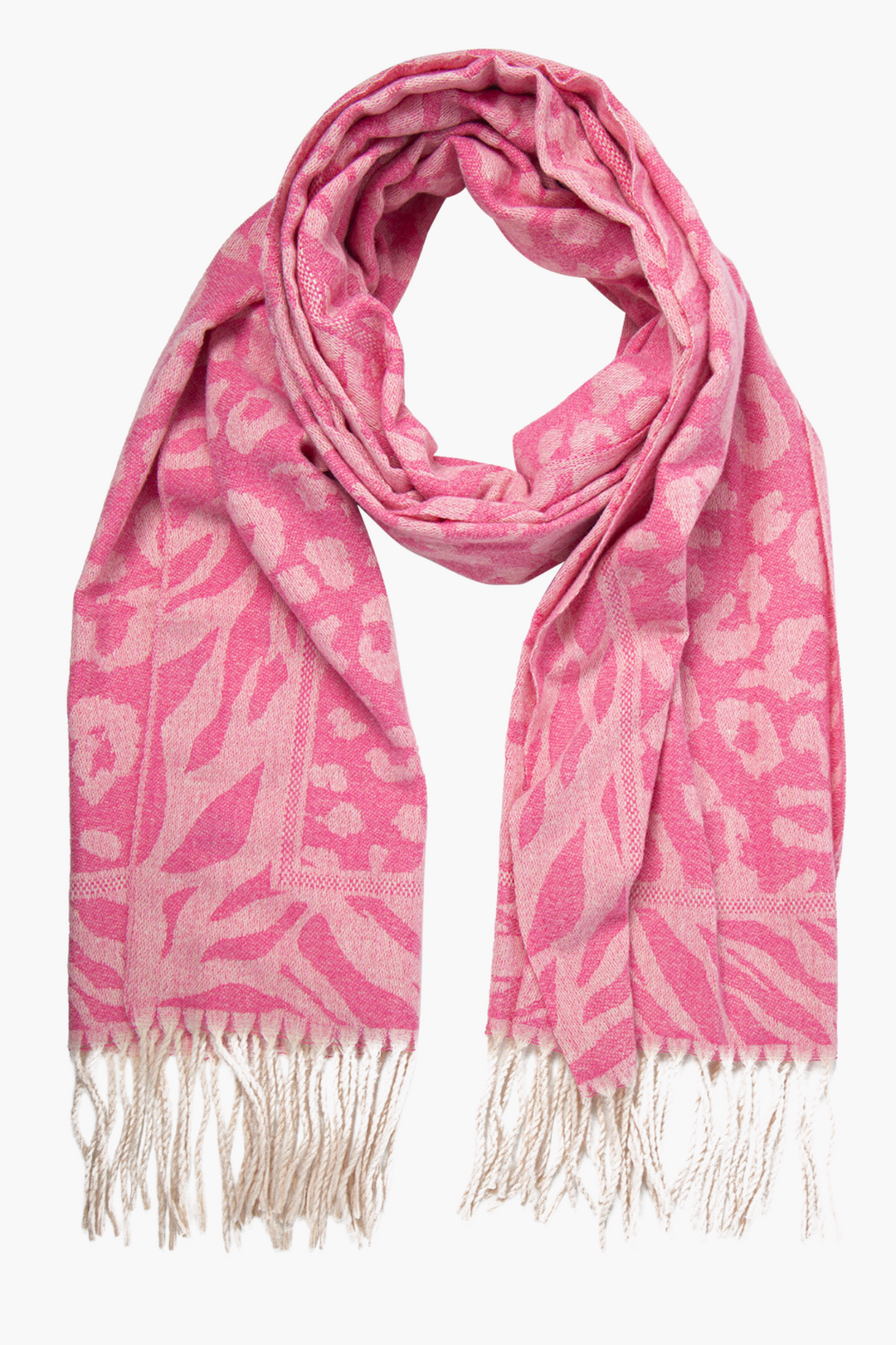 pink heavy weight winter scarf with a leopard print pattern, the borders of the scarf have a contrasting zebra print, the scarf has a white tasselled fringe