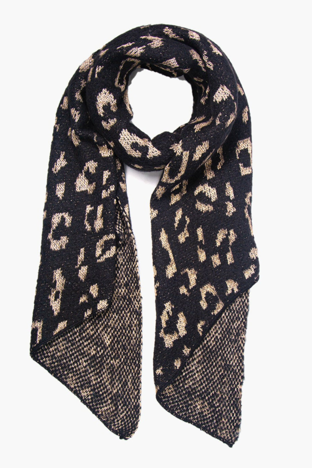 asymmetric black heavyweight scarf with an all over gold leopard print pattern