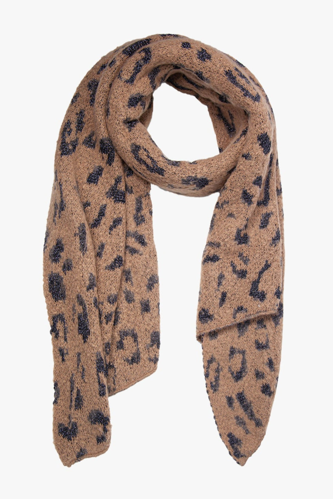 asymmetric neutral heavyweight scarf with an all over black leopard print pattern