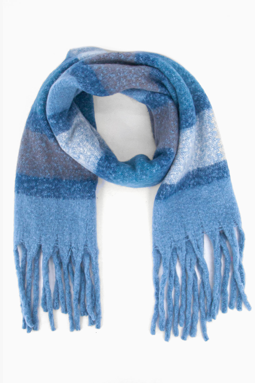 denim blue colour block striped winter scarf with blue tassel trim