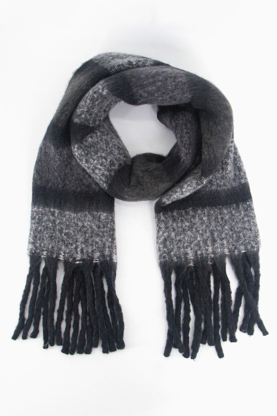 grey striped colour block striped winter scarf with black tassel trim