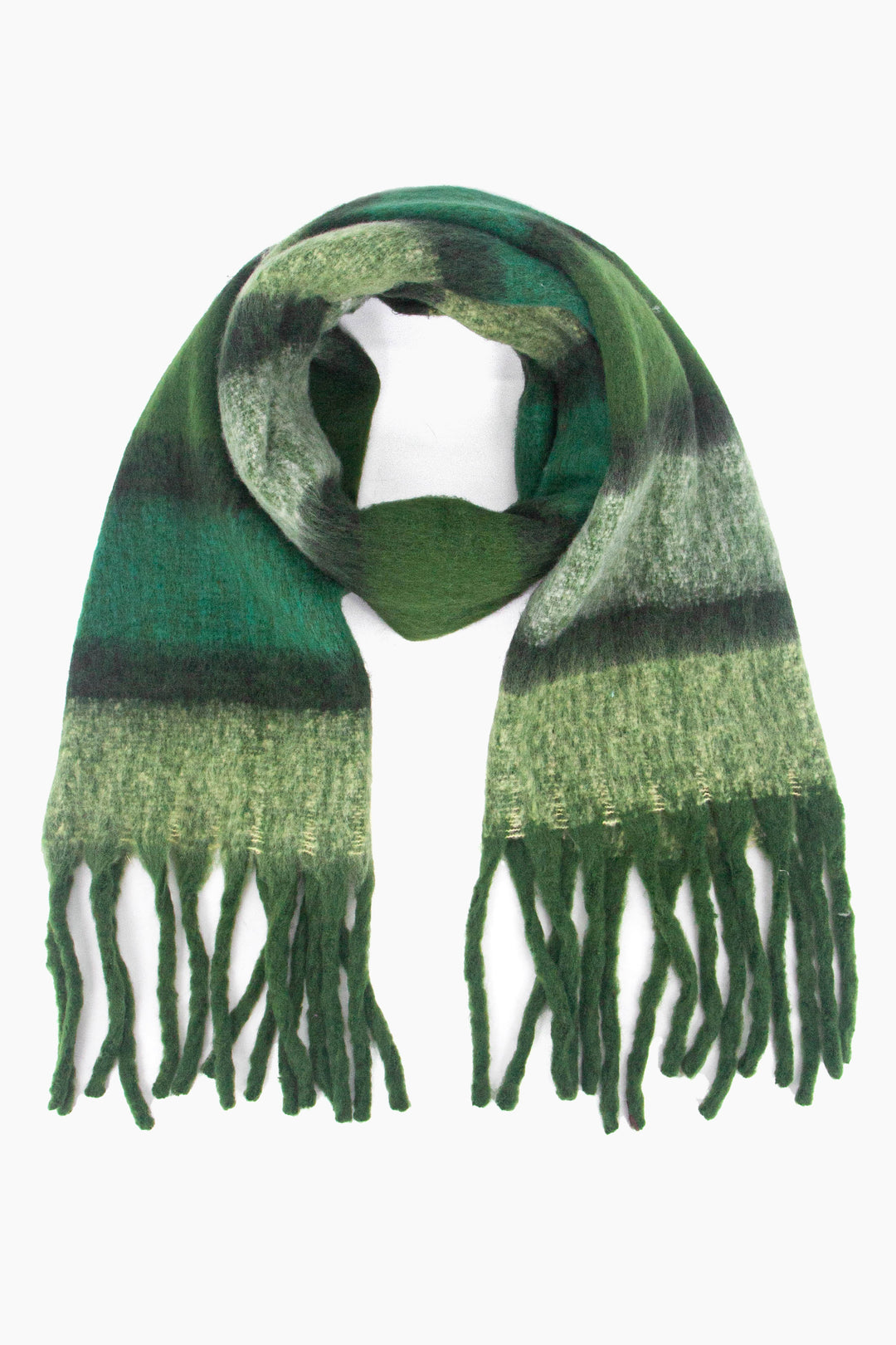 green colour block striped heavyweight winter scarf with green tasselled edges