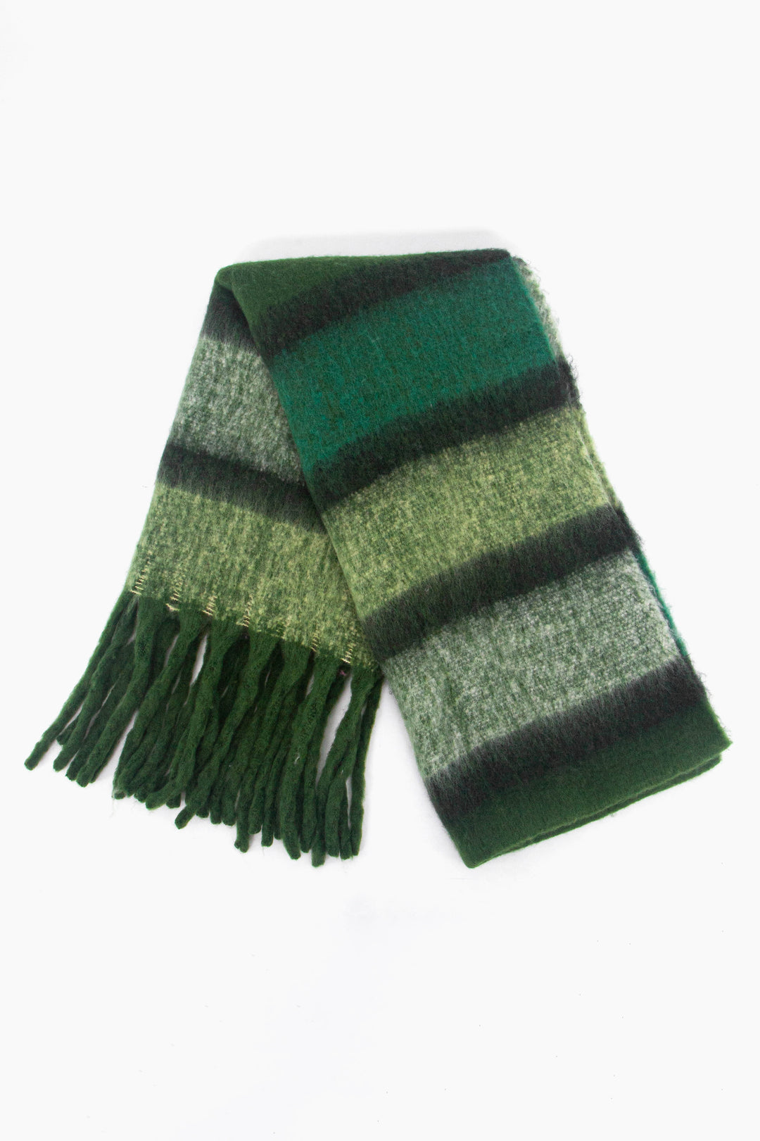 showing the scarf folded while laying flat, the striped green colour block pattern is highlighted.