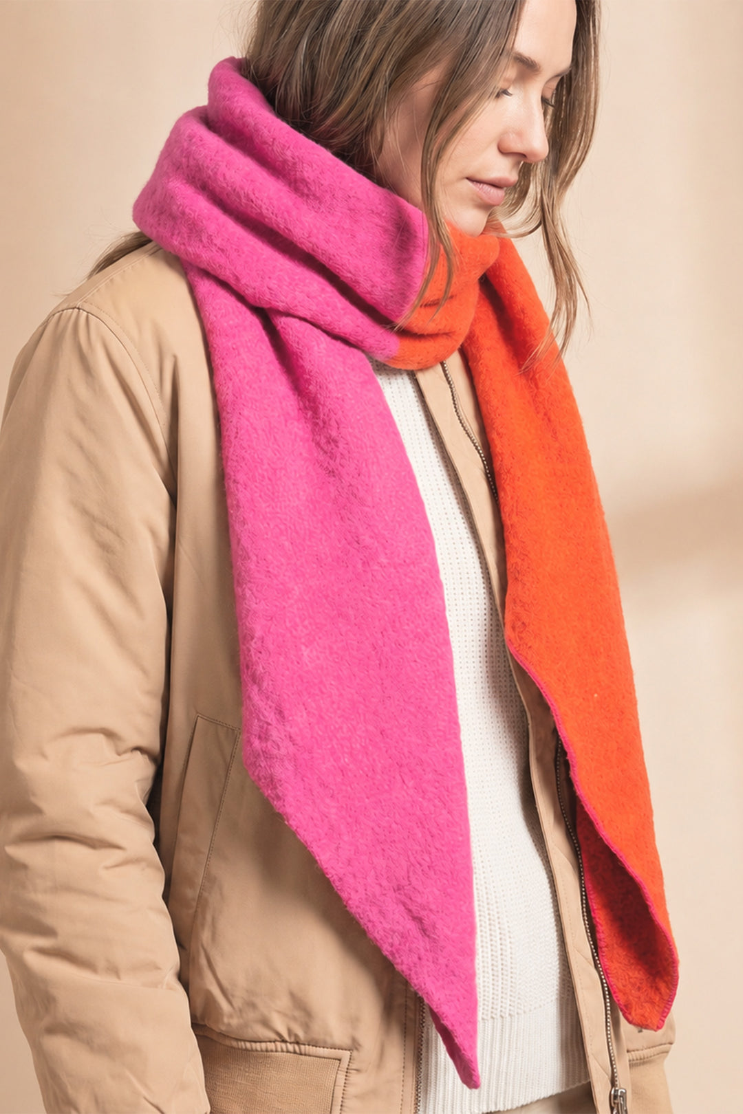 pink-orange-two-tone-colourblock-heavyweight-scarf-asymmetrical