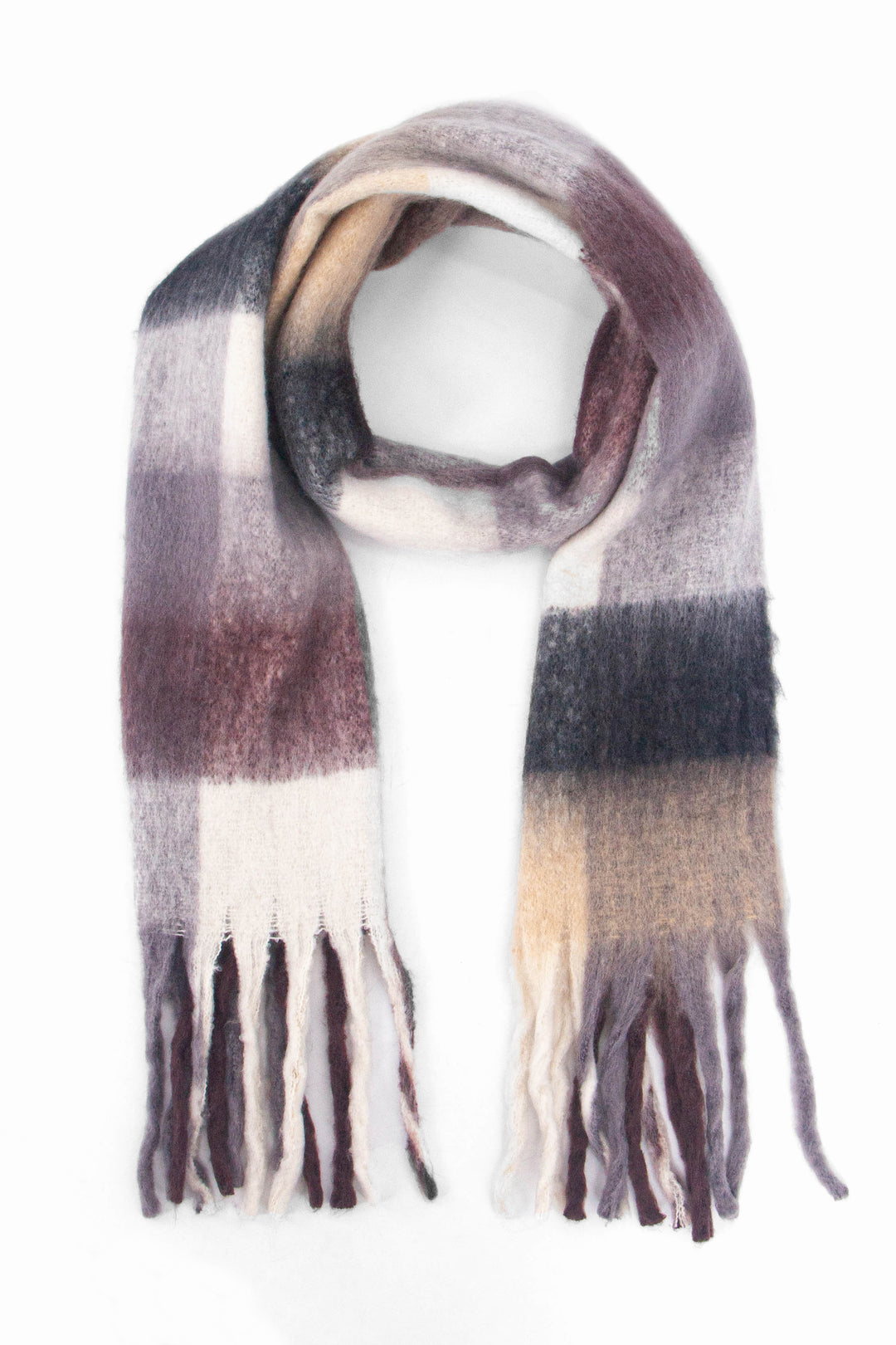 black, beige and brown square colour block pattern scarf with tassels the scarf