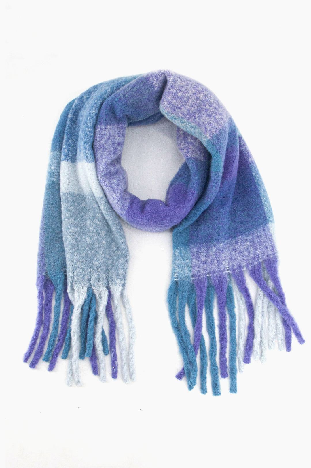 purple and blue square colour block pattern scarf with tassels the scarf