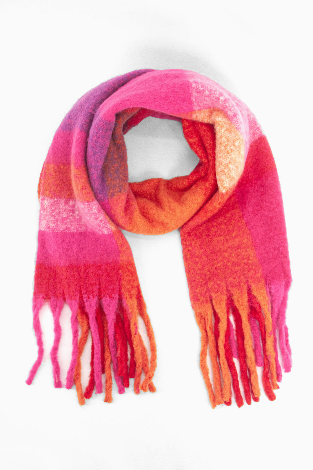 fuchsia pink and orange square colour block pattern scarf with tassels the scarf