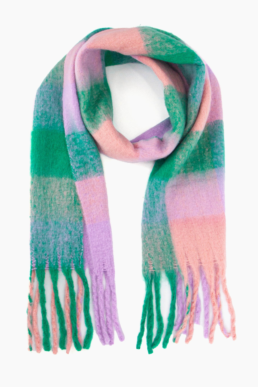 green and lilac square colour block pattern scarf with tassels