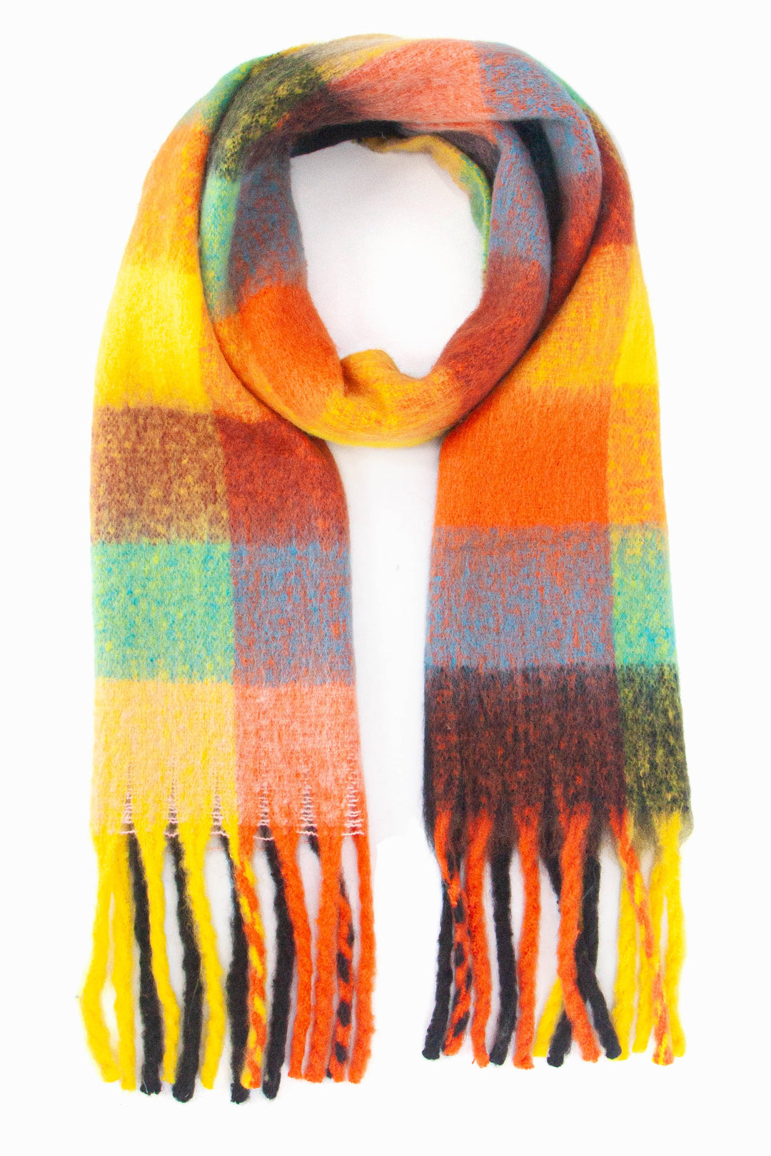 multicoloured square colour block winter scarf with tassels, the colours are assorted but yellow, orange and black are dominant in the design