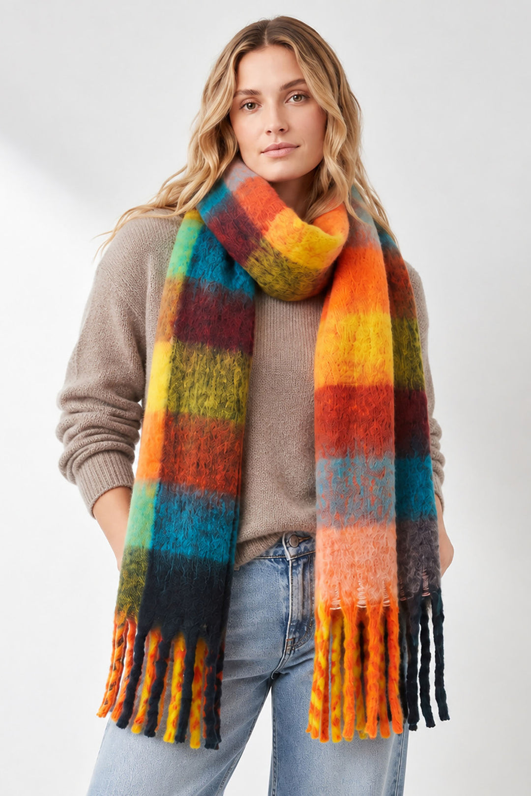 Allie-Heavyweight-Scarf-Orange/Multi-Square-Colour-Block