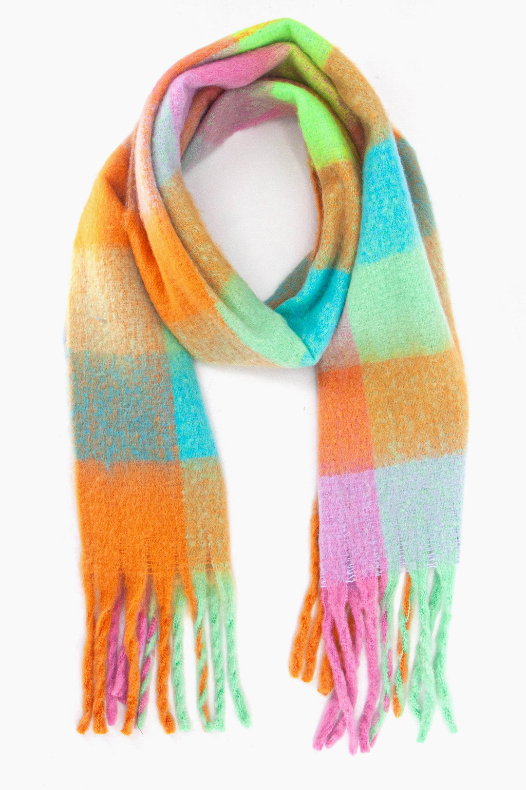 multicoloured square colour block winter scarf with tassels, the colours are assorted but pastel blue, green, orange and pink are dominant in the design