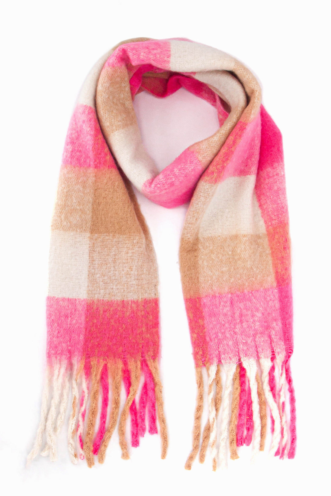 pink and neutral tone square colour block pattern scarf with tassels the scarf