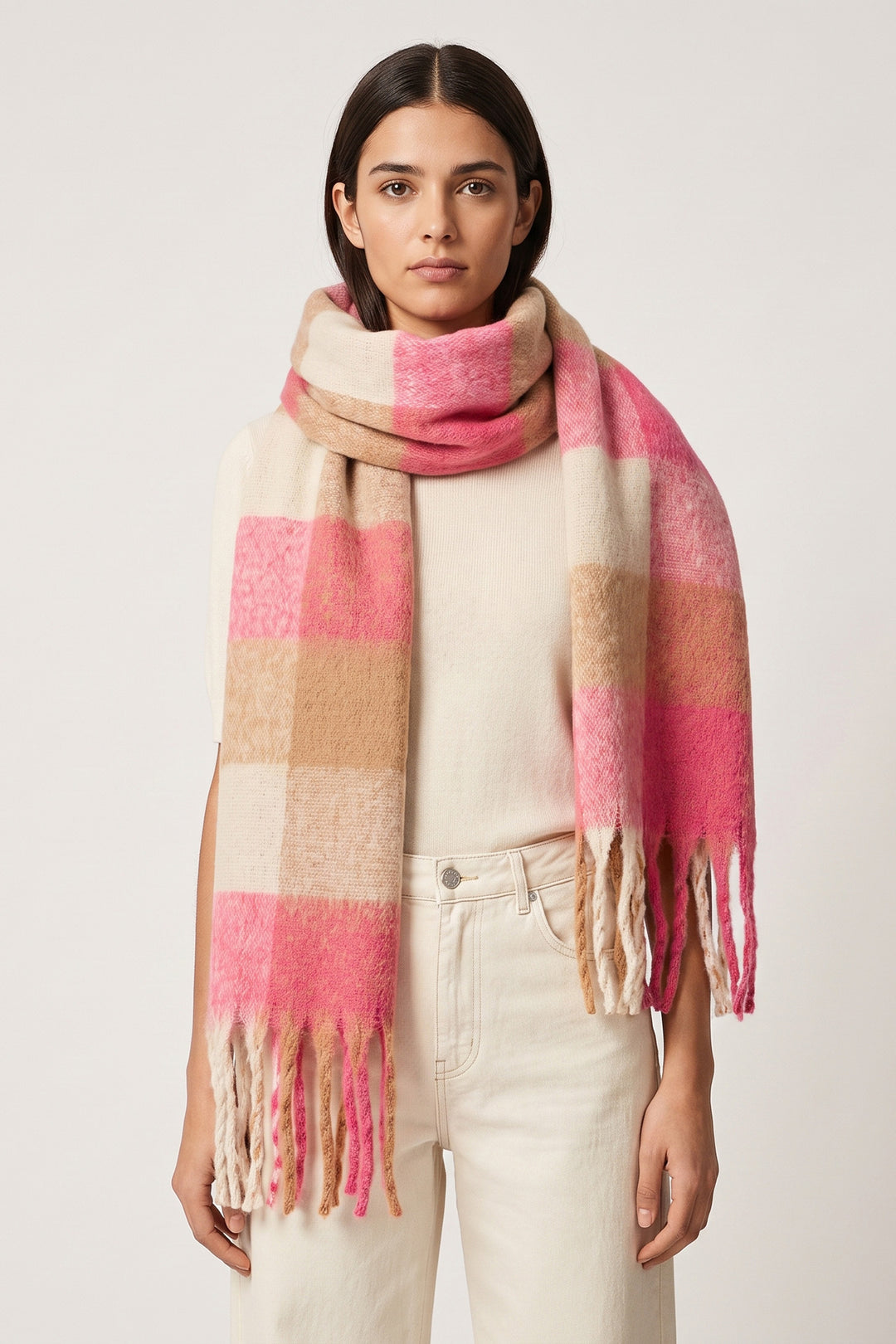 allie-heavyweight-scarf-pink-neutral-colourblock-square-tasselled-fringe