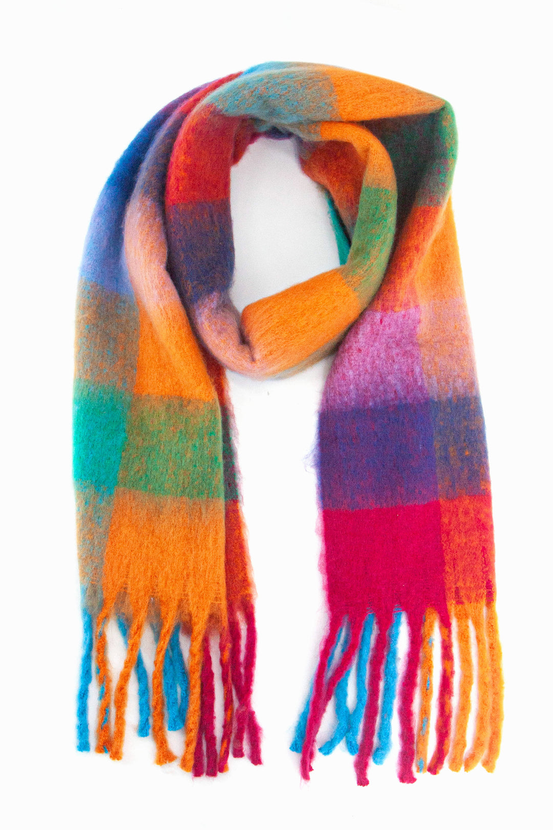 multicoloured square colour block pattern scarf with tassels the scarf is orange, green, blue, and pink