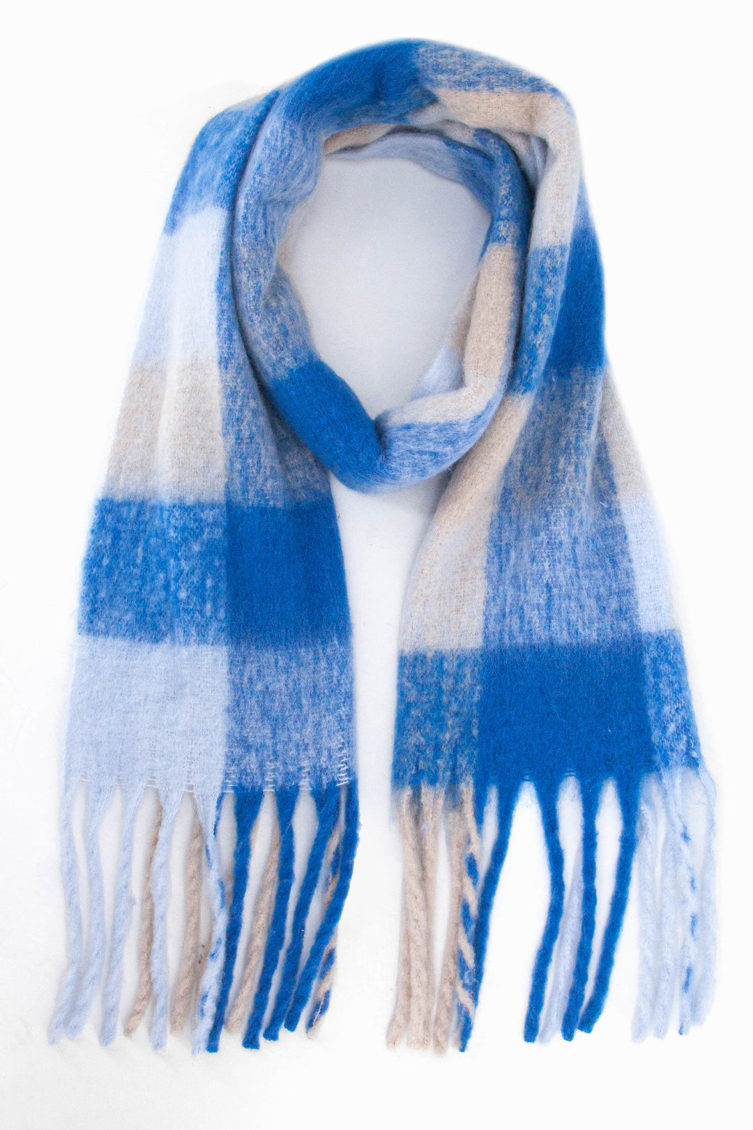 blue square colour block pattern scarf with tassels the scarf