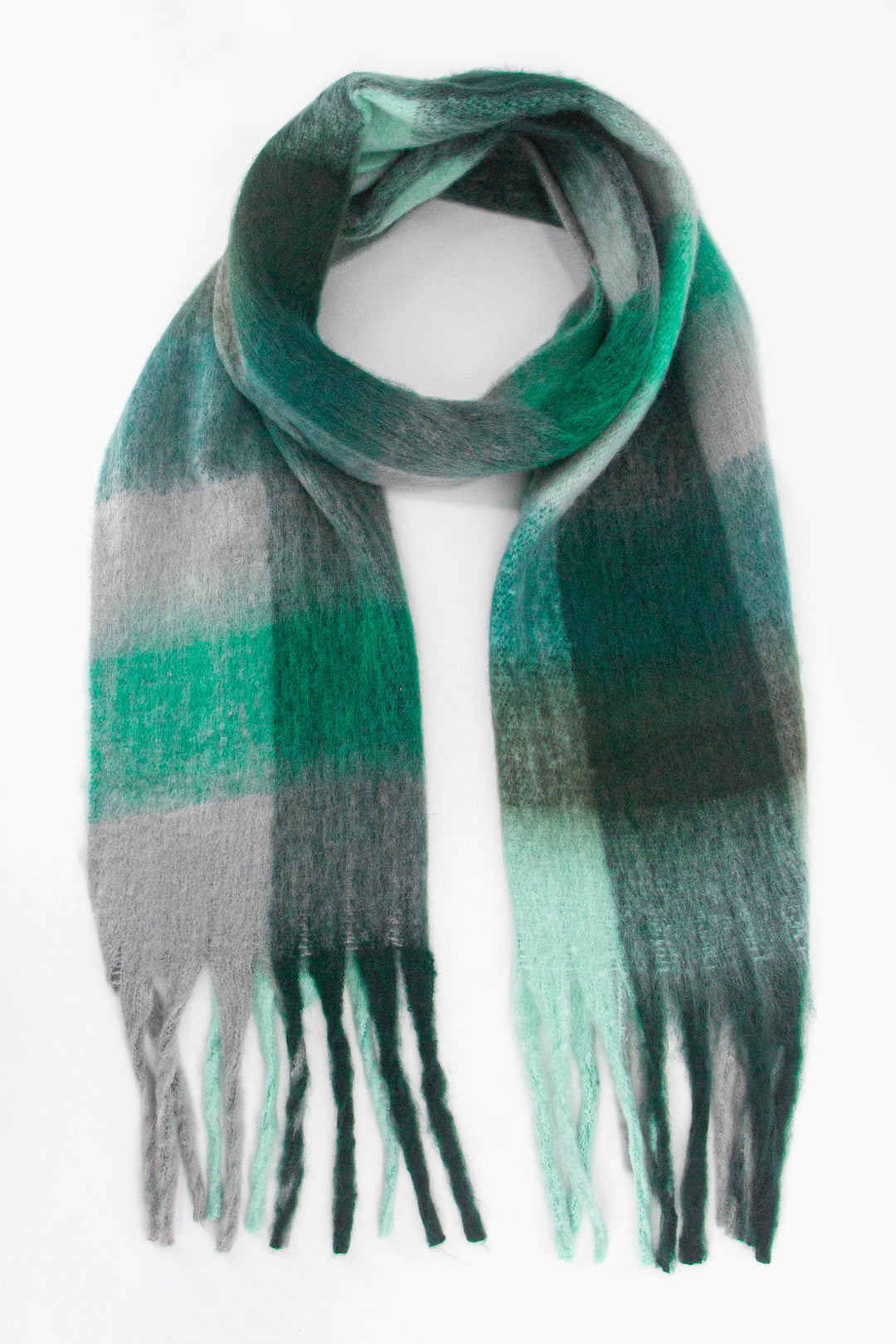 teal and green square colour block pattern scarf with tassels the scarf