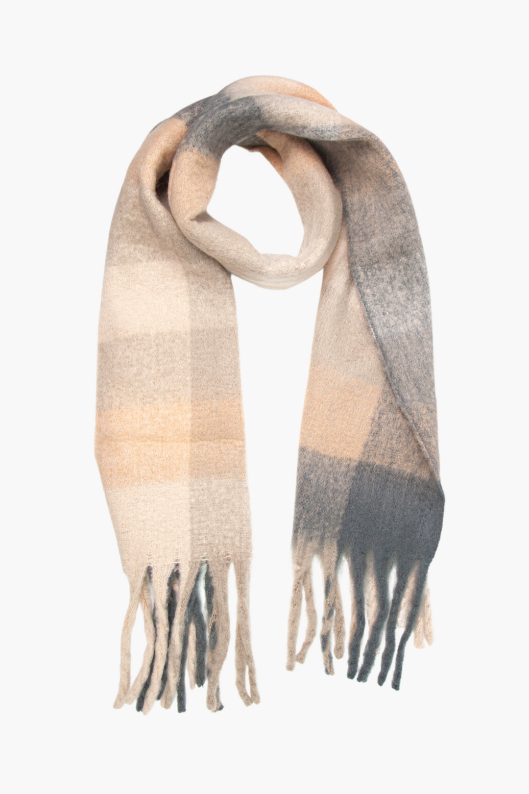 netural tone square colour block pattern scarf with tassels the scarf