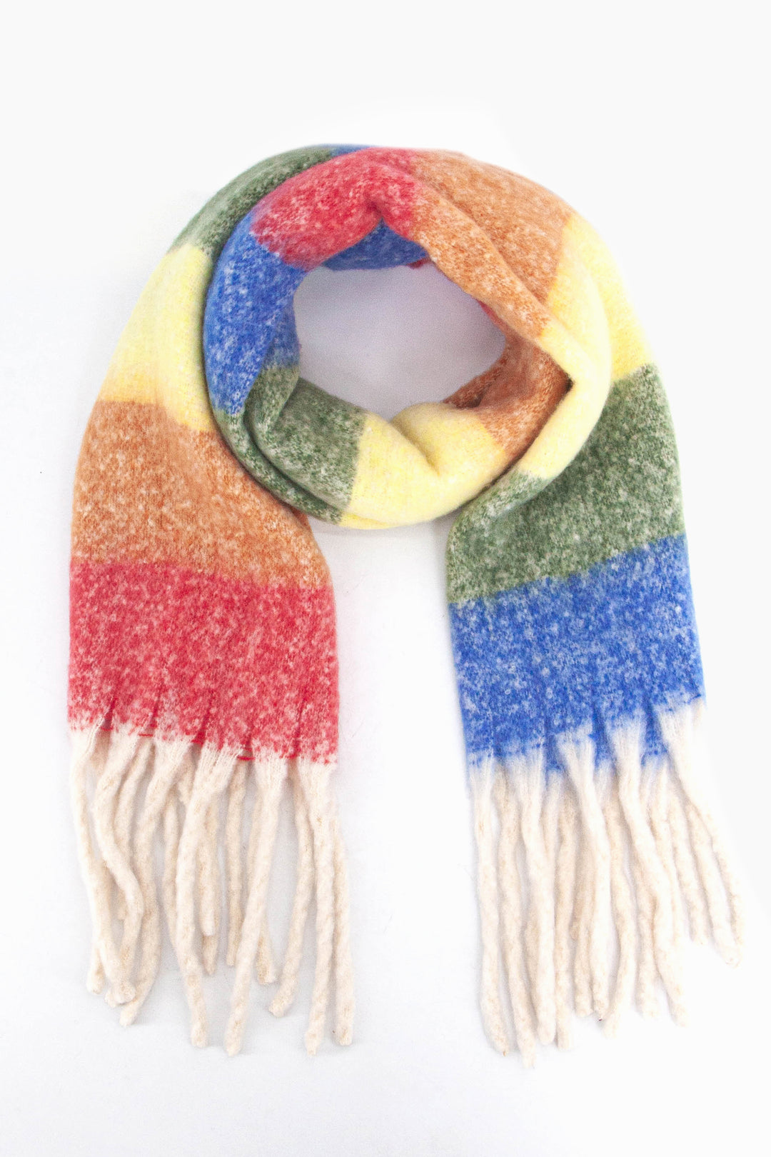 multicoloured horizontal rainbow striped winter scarf with white tassles