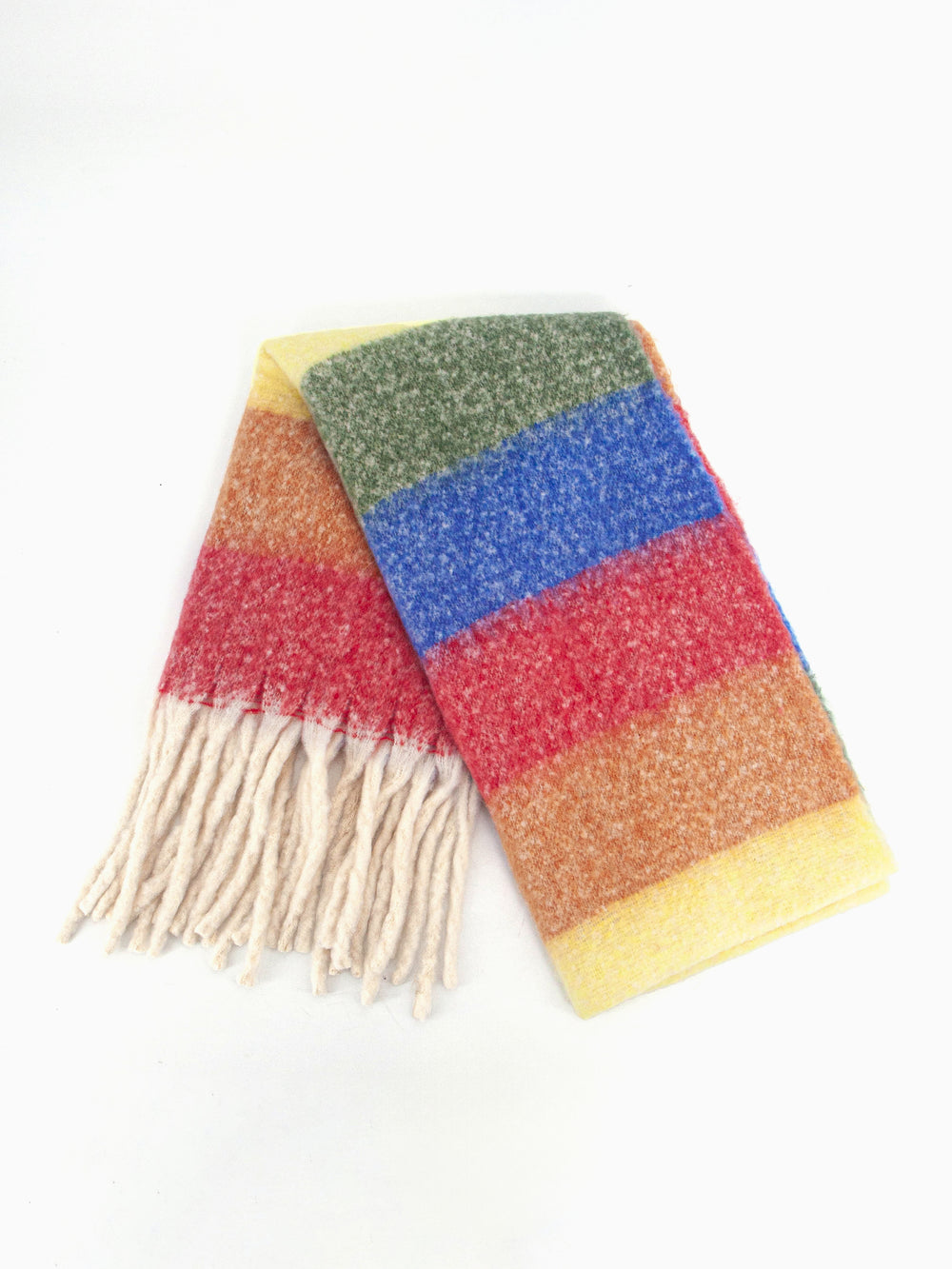 showing the scarf folded while laying flat, the multi colour horizontal rainbow stripe pattern is highlighted. there are yellow, orange, red, blue and green tones visible in the design.