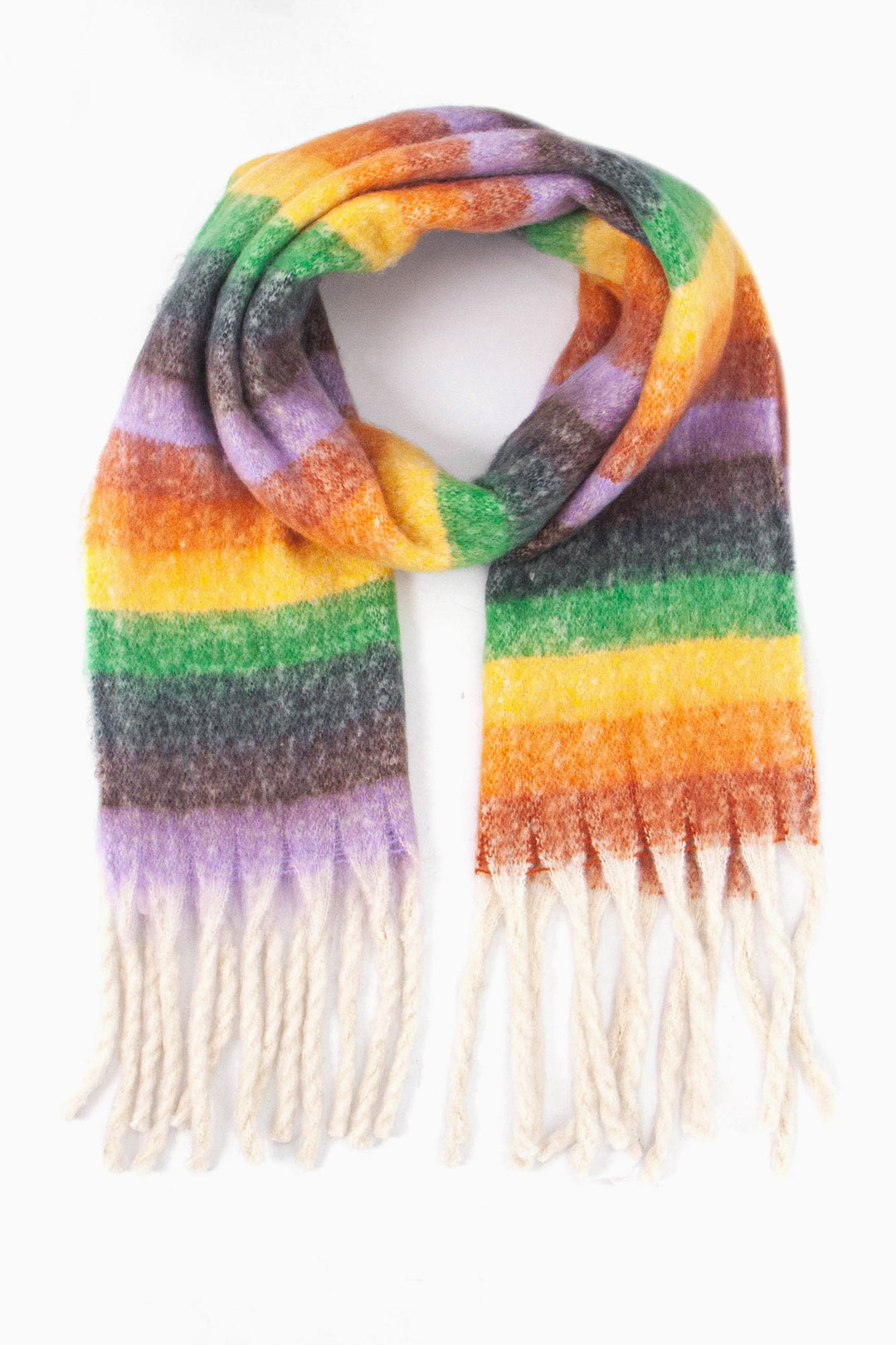 multicoloured rainbow striped scarf with a white tassel trim