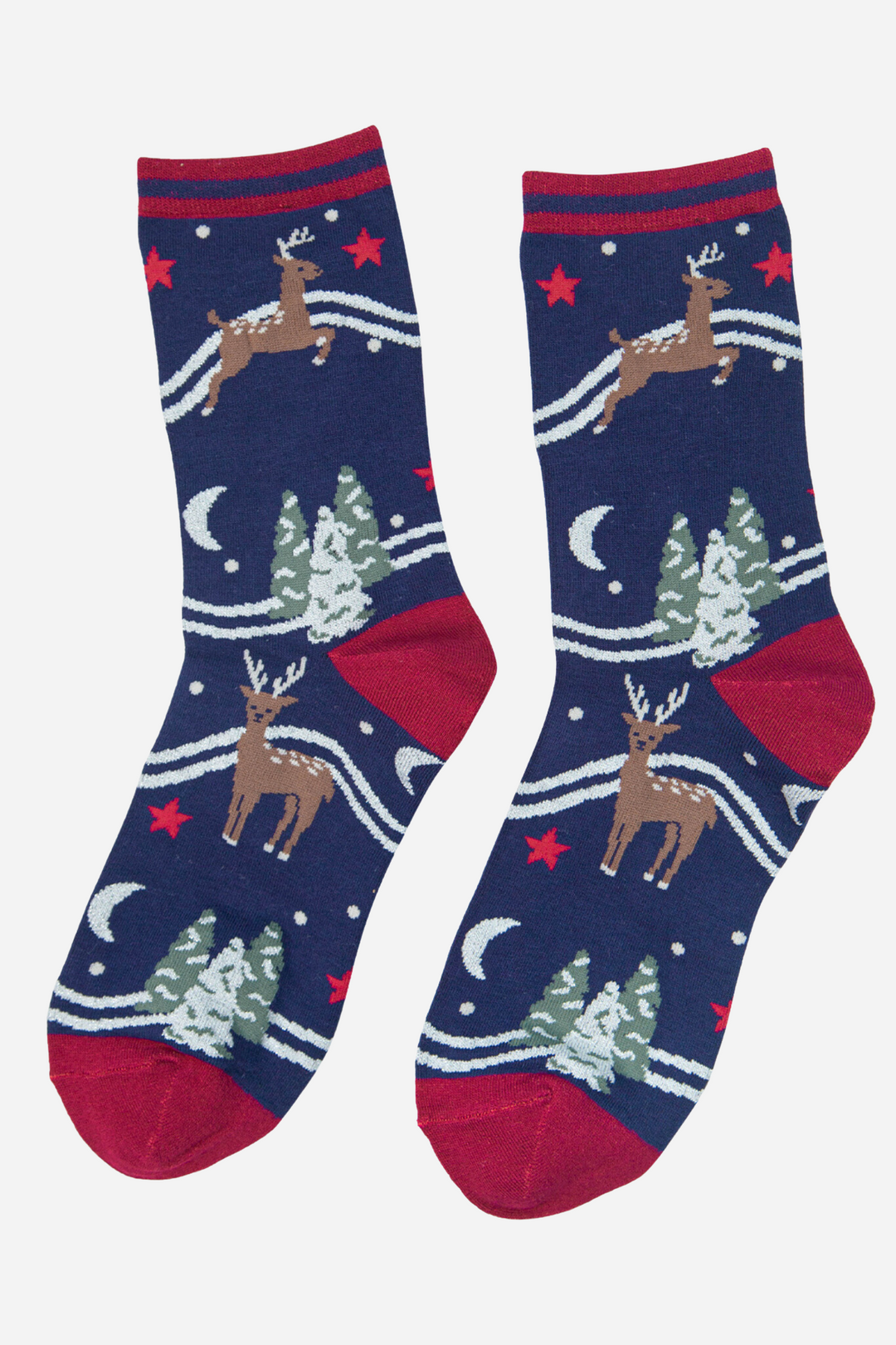 navy blue christmas reindeer ankle socks, showing the reindeer and the winter forest night scene