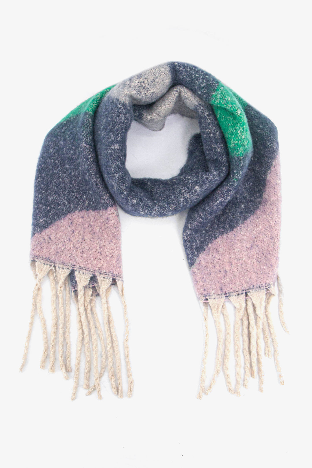 navy blue, green and lilac wave pattern colour block winter scarf with a white tasselled trim