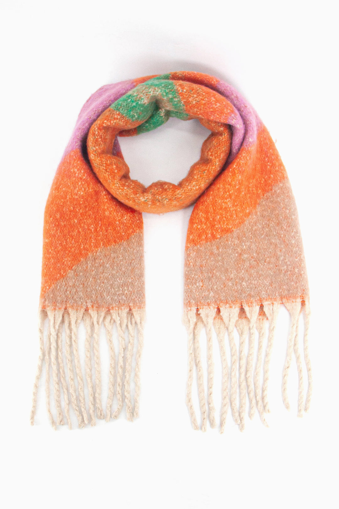 orange, green and pink wave pattern colour block winter scarf with a white tasselled trim