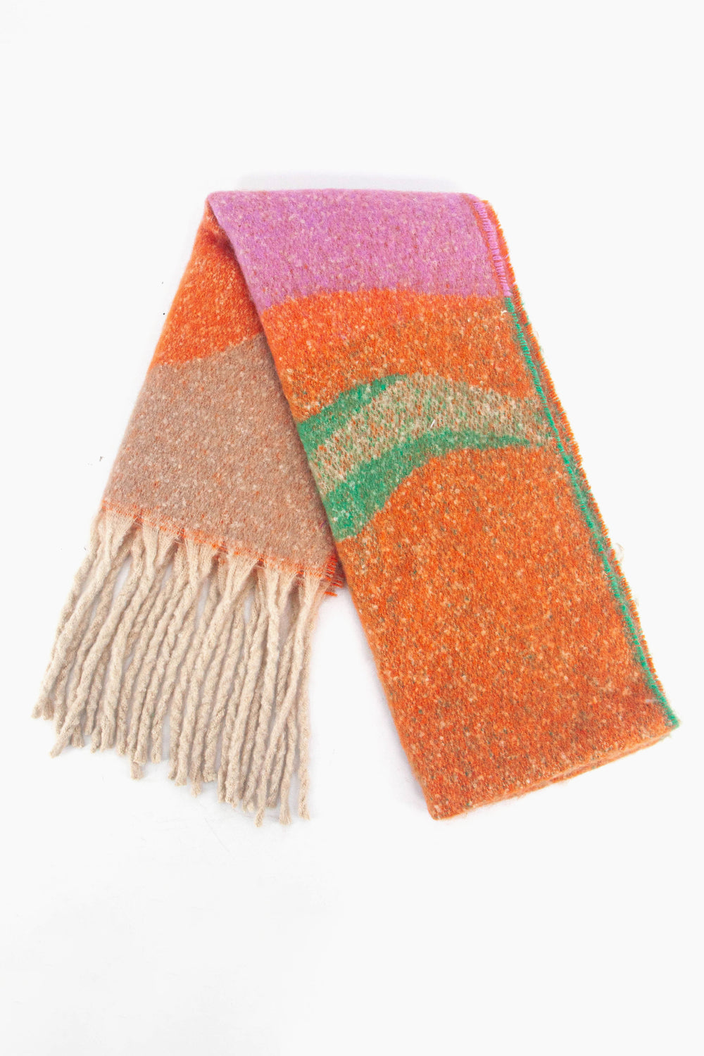 showing the scarf folded while laying flat, the multi colour wave pattern is highlighted. there are pink, orange and green tones visible in the design.