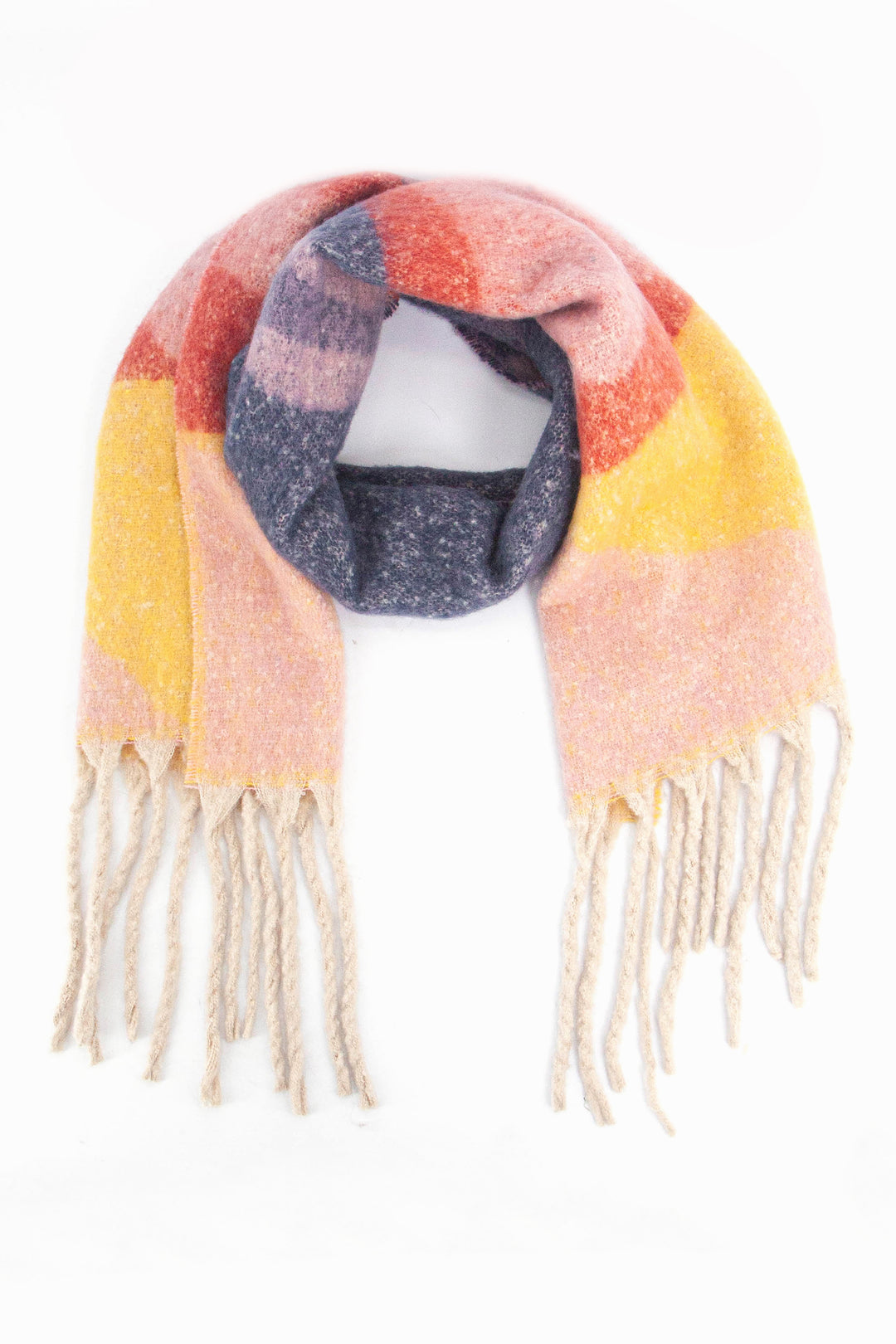 red, yellow, pink and navy blue wave pattern colour block winter scarf with a white tasselled trim