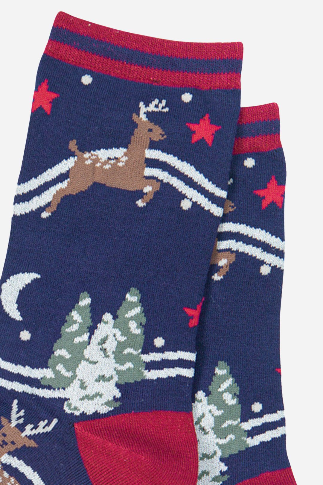 close up of the reindeer and tree pattern on the socks