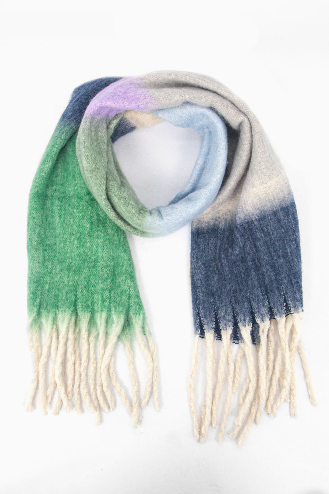 green, cream and navy blue colour block striped winter scarf with white tassel trim