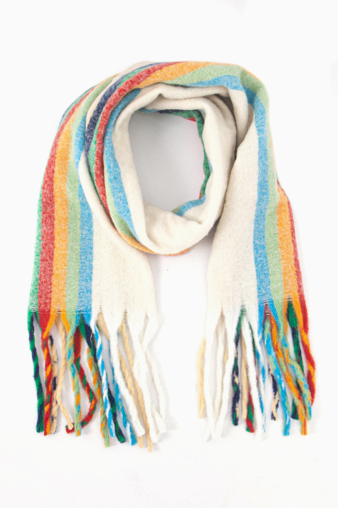 cream and multi coloured vertical rainbow striped tasselled blanket scarf