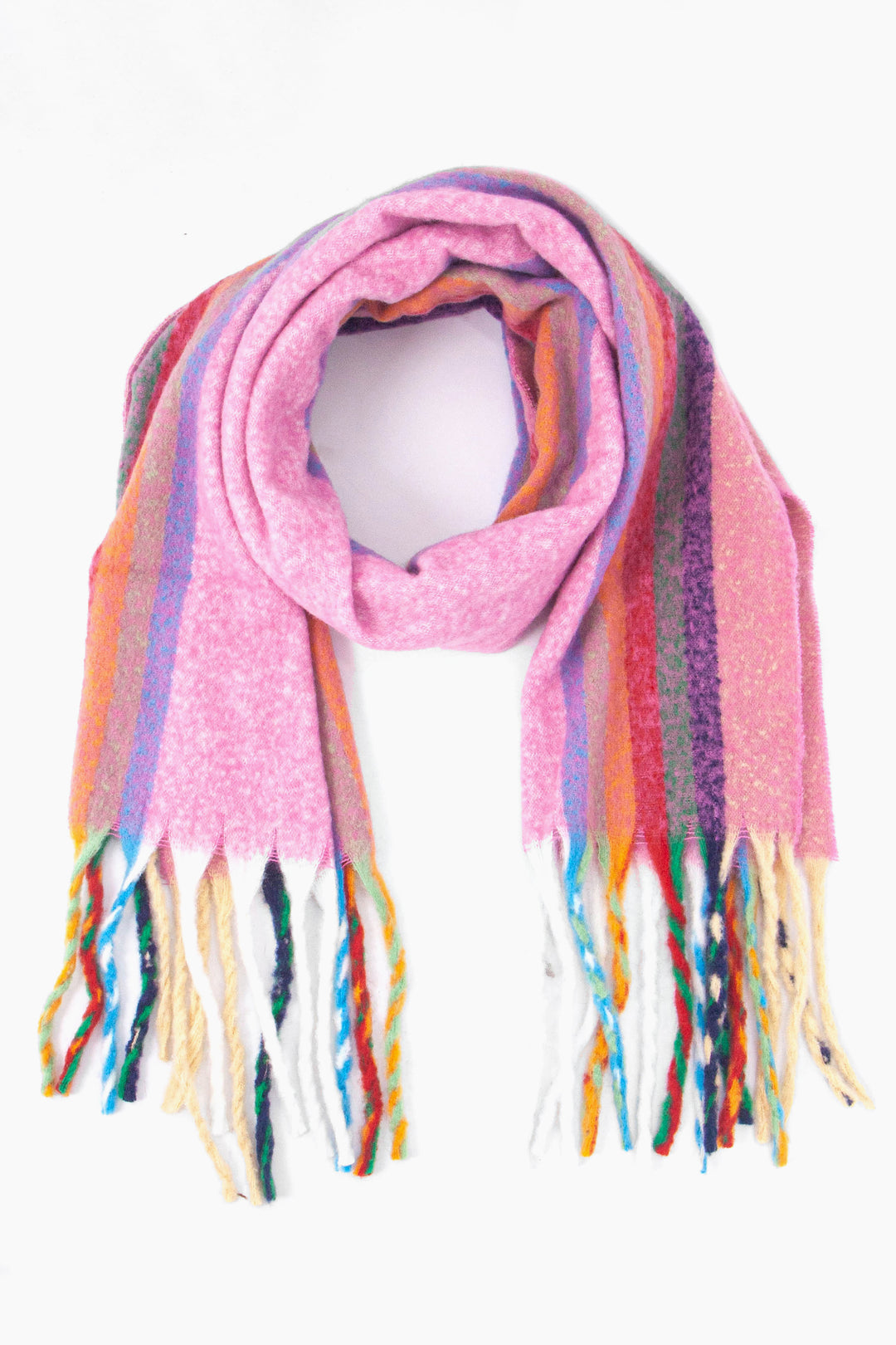 pink and multi coloured vertical rainbow striped tasselled blanket scarf