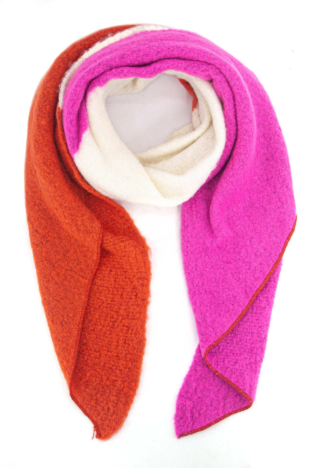 orange and fuchsia pink contrasting colour block asymmetric winter scarf