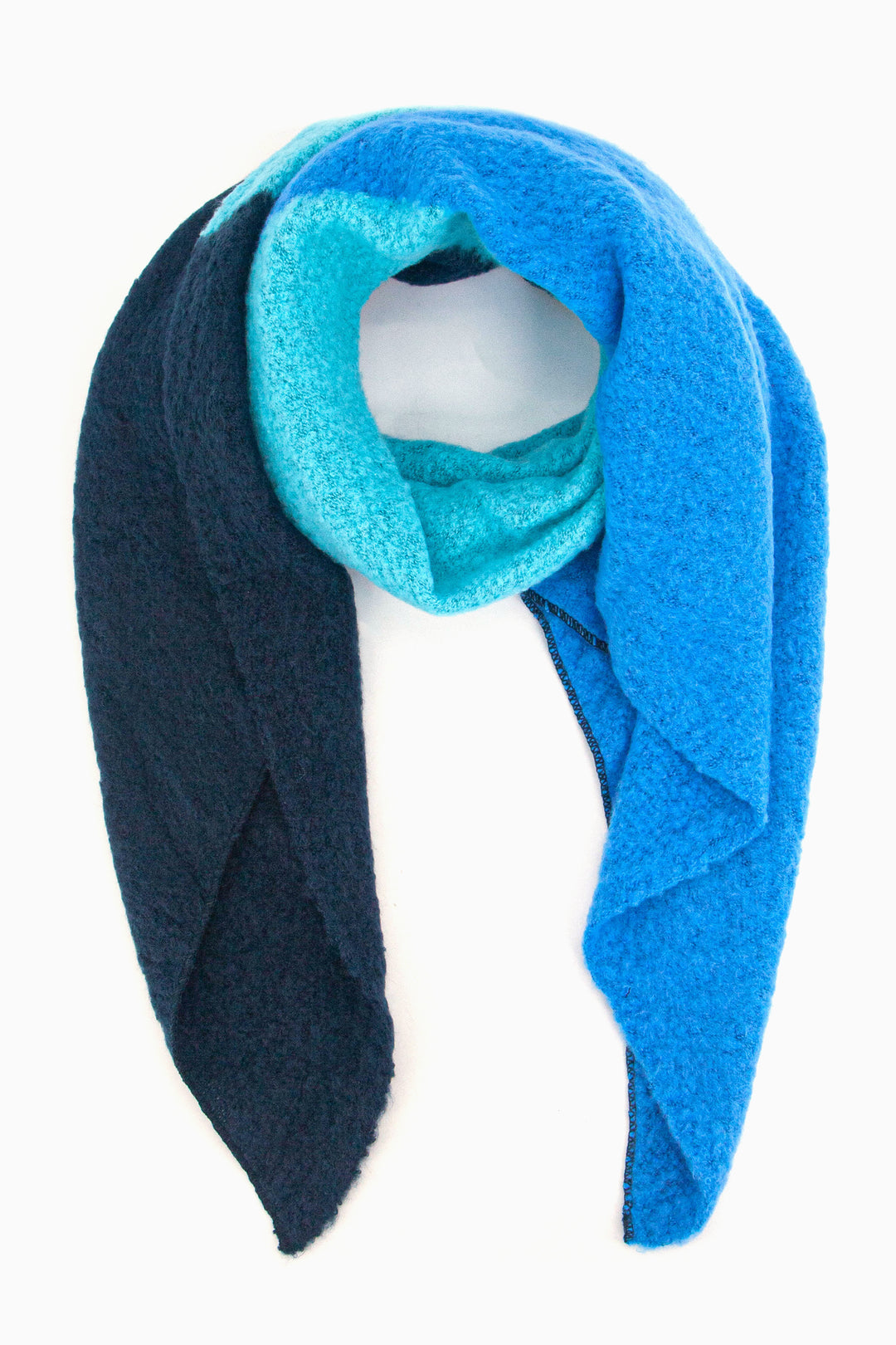 asymmetric colour block winter scarf in navy blue, royal blue and light blue