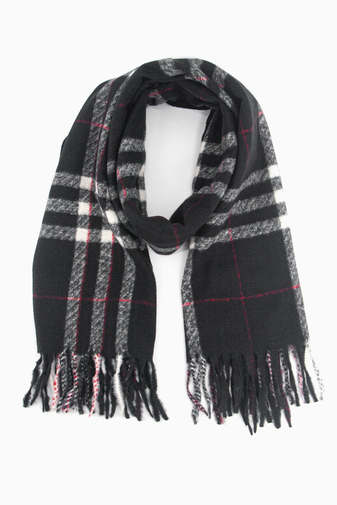 black scarf with a red and grey tartan plaid pattern, the scarf has a tasselled fringe edge